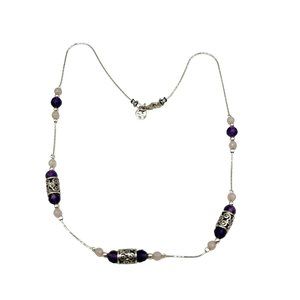 Amethyst & Pink Quartz Sterling Silver Station Necklace Signed PZ Israel 925